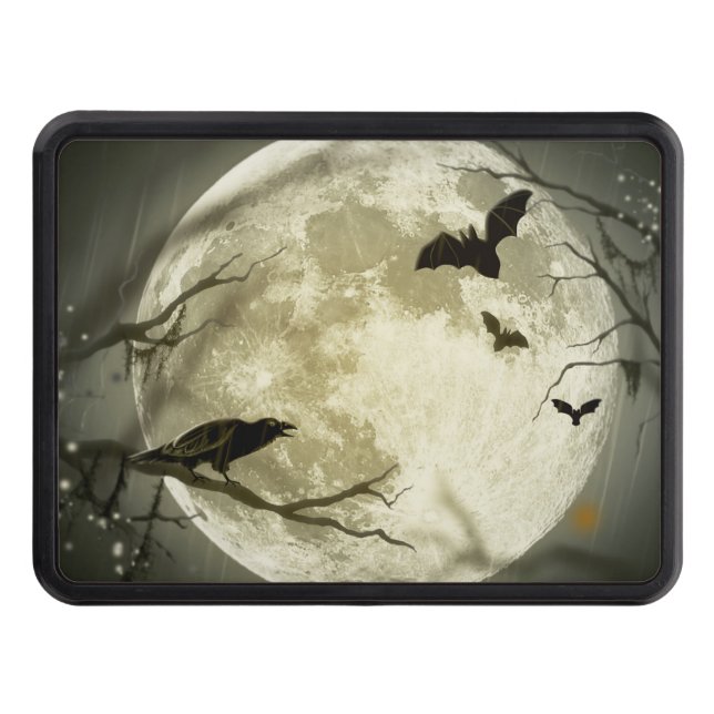 Bats fly Crow sits in Front of Halloween Full Moon Hitch Cover (Front)