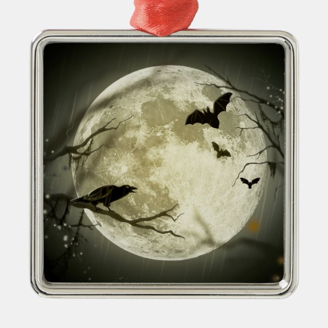 Bats fly Crow sits in Front of Halloween Full Moon Metal Ornament (Front)