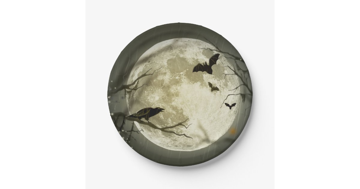 Bats Fly Crow Sits In Front Of Halloween Full Moon Paper Plate