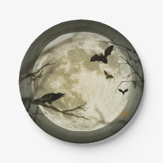 Bats fly Crow sits in Front of Halloween Full Moon Paper Plates