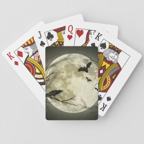 Bats fly Crow sits in Front of Halloween Full Moon Poker Cards