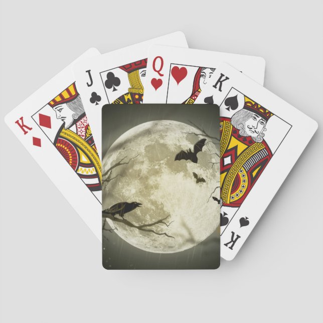 Bats fly Crow sits in Front of Halloween Full Moon Poker Cards (Back)