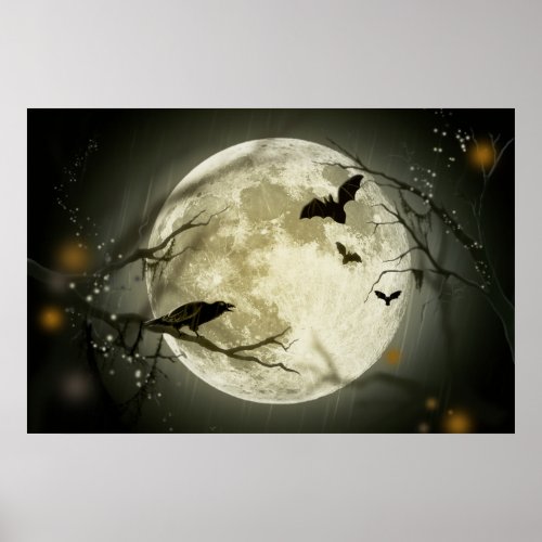 Bats fly Crow sits in Front of Halloween Full Moon Poster
