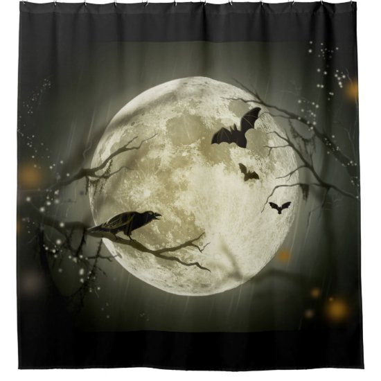 Bats fly Crow sits in Front of Halloween Full Moon Shower Curtain