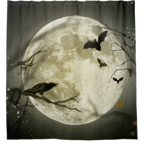 Bats fly Crow sits in Front of Halloween Full Moon Shower Curtain