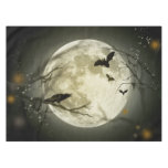 Bats fly Crow sits in Front of Halloween Full Moon Tablecloth