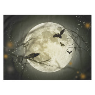 Bats fly Crow sits in Front of Halloween Full Moon Tablecloth