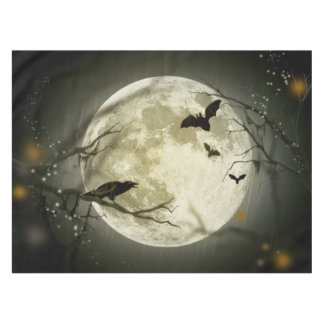 Bats fly Crow sits in Front of Halloween Full Moon Tablecloth