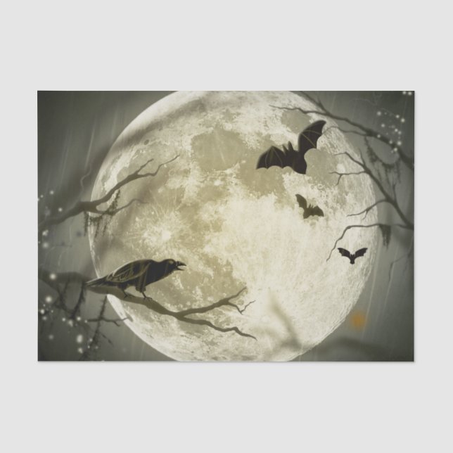 Bats fly Crow sits in Front of Halloween Full Moon Tissue Paper (Front)