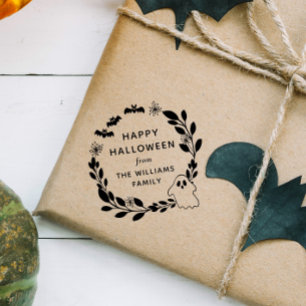 Bats & Ghost Wreath Happy Halloween Rubber Stamp