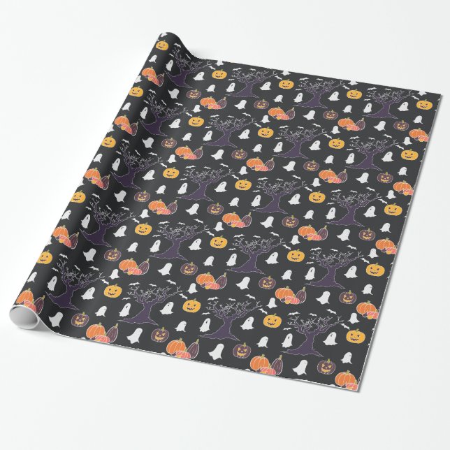 Bats Ghosts Jack O Lanterns Halloween Wrapping Paper (Unrolled)