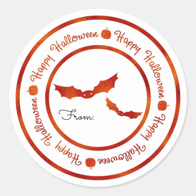 Bats Happy Halloween Orange Shine Party Treat Classic Round Sticker (Front)