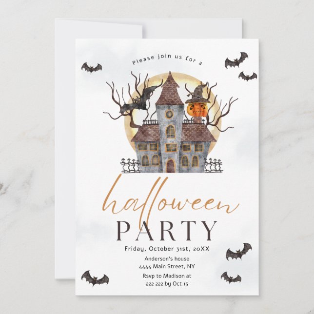 Bats Haunted House Halloween Invitation (Front)