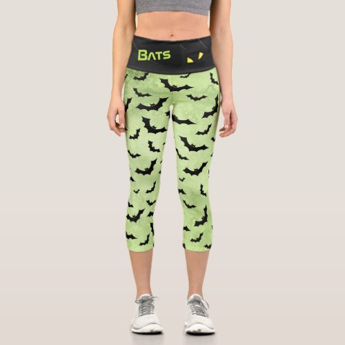 Bats iconic Halloween Silhouettes Green  Black Capri Leggings