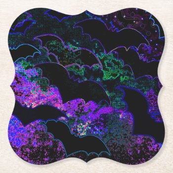 Bats In Flight Neon Purple Paper Coaster by BlakCircleGirl at Zazzle