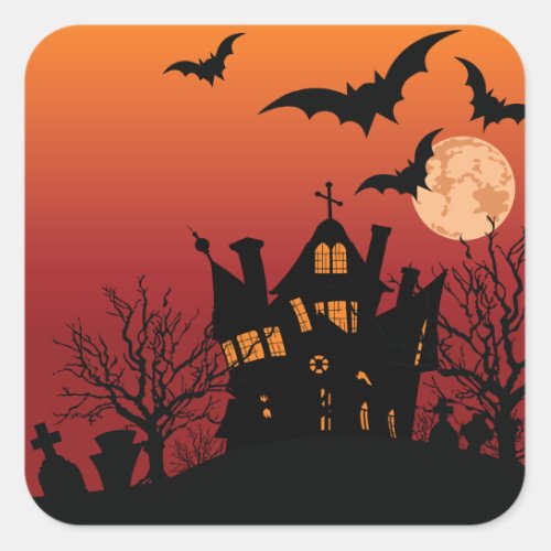 Bats Over Haunted House Square Sticker