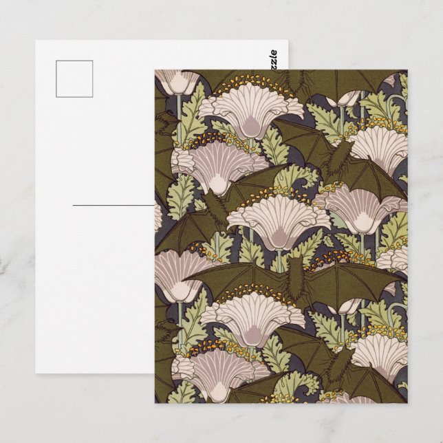 Bats & Poppies,Animal & Floral Design Art Nouveau Postcard (Front/Back)