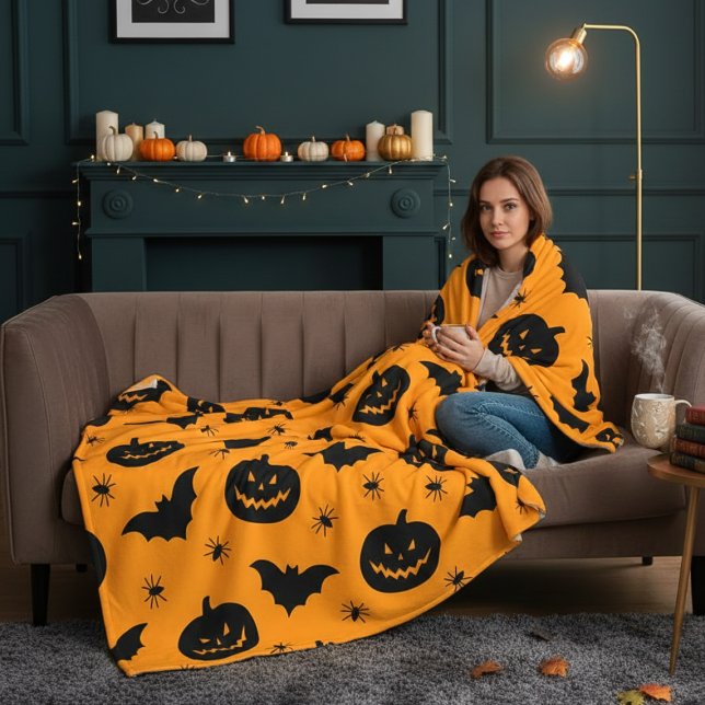 Bats, pumpkin heads and spiders Halloween Plush Fleece Blanket (Bats, pumpkin heads and spiders Halloween Plush Fleece Blanket)