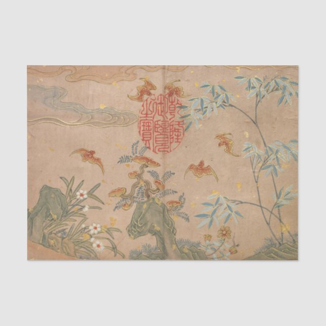 Bats Rocks Flowers Oval Calligraphy by Zhang Ruoai Tissue Paper (Front)