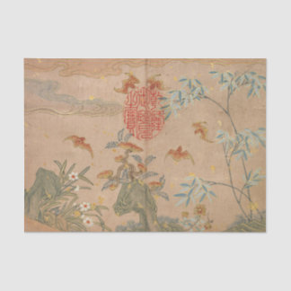 Bats Rocks Flowers Oval Calligraphy by Zhang Ruoai Tissue Paper