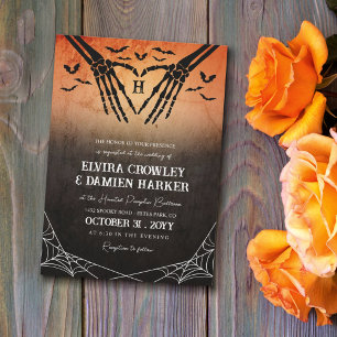 Bats & Skeleton Heart Goth Halloween Wedding Invitation