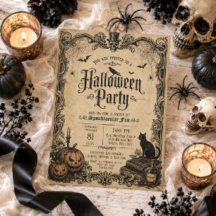 Bats Spiders Pumpkins Black Cat Vintage Halloween Invitation
