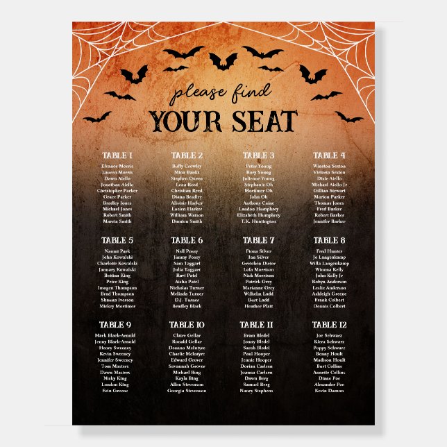 Bats Spiderweb Halloween Wedding 12 Seating Chart Foam Board (Front)