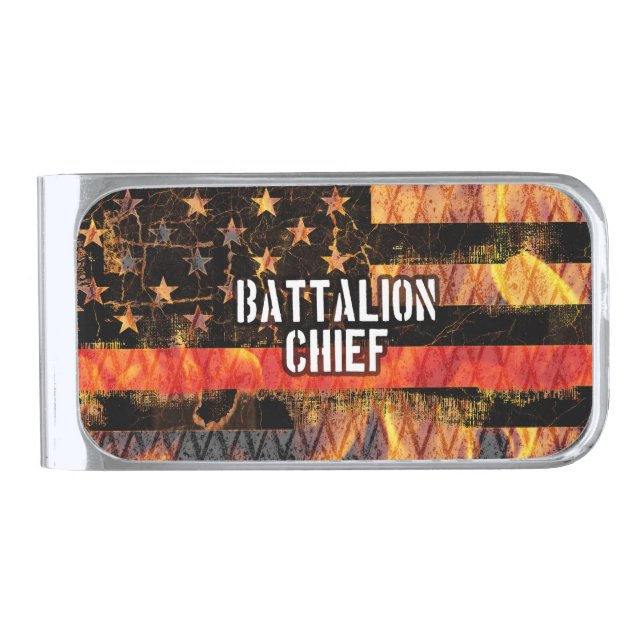 Battalion Chief Firefighter Flag Silver Finish Money Clip (Front)