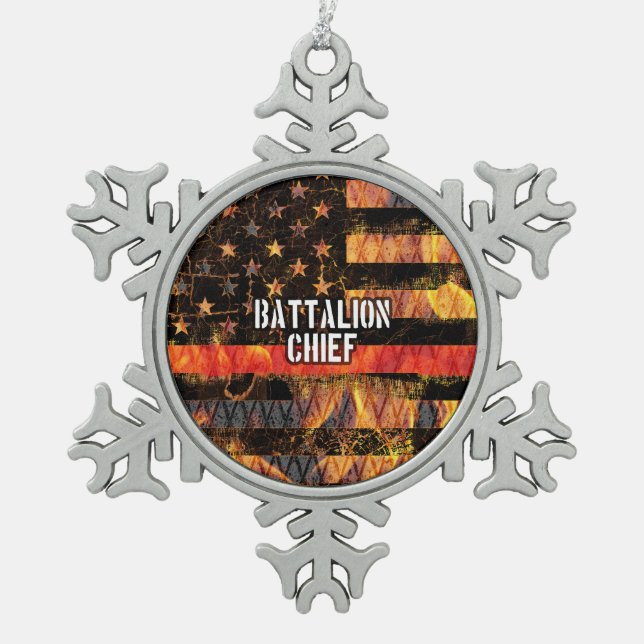 Battalion Chief Firefighter Flag Snowflake Pewter Christmas Ornament (Front)