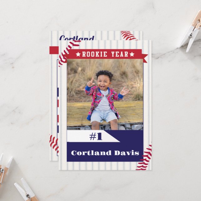 Batter Batter Baseball Card 1st Birthday Invite (Front/Back In Situ)