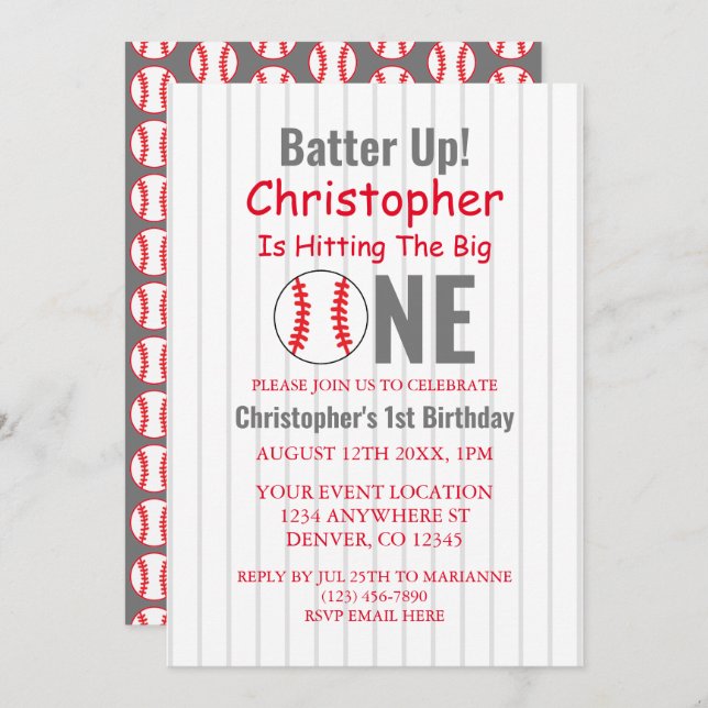 Batter Up! Baseball 1st Birthday Invitation (Front/Back)
