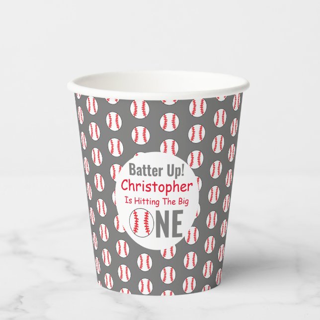 Batter Up! Baseball 1st Birthday Paper Cups (Front)