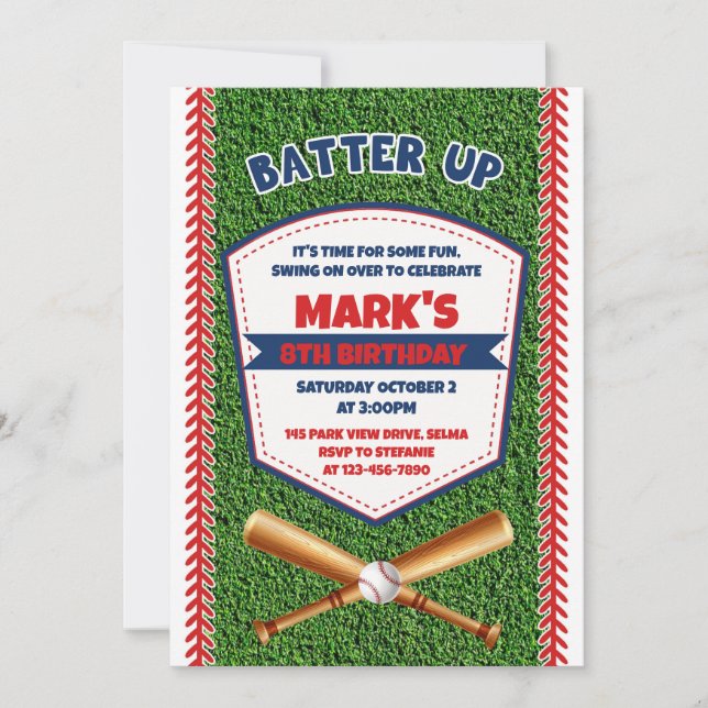 Batter Up Baseball Birthday Invitation (Front)