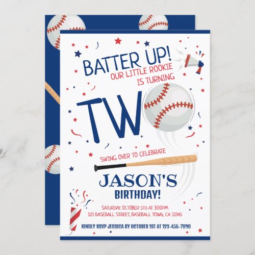 Batter Up Baseball Blue Little Rookie 2nd Birthday Invitation