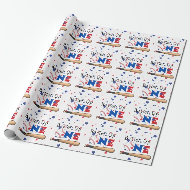 Batter Up Baseball First Birthday Wrapping Paper (Unrolled)