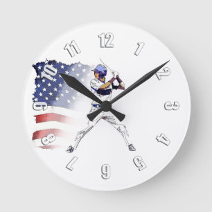 Batter Up! - Baseball Player and USA Flag Round Clock