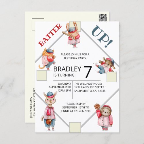 Batter Up Baseball Sports Boys Birthday Party Inv Postcard