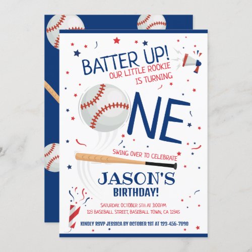 Batter Up Blue Little Rookie Baseball 1st Birthday Invitation
