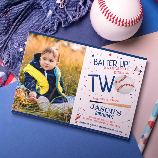Batter Up Blue Rookie Baseball Photo 2nd Birthday Invitation (Creator Uploaded)