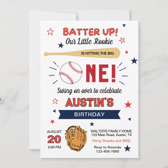 Batter Up! Cute Baseball Theme Birthday Party Invitation (Front)