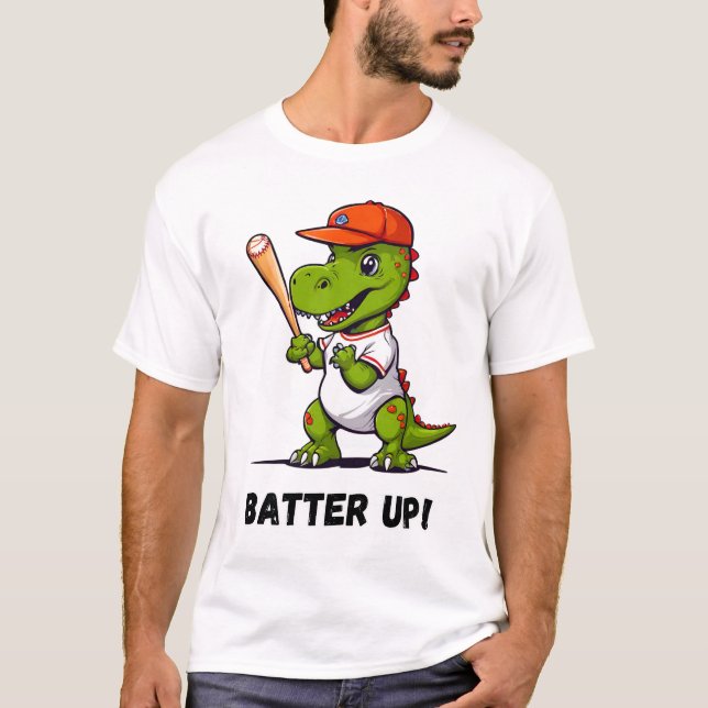 Batter Up Dino Playing Baseball T-Shirt (Front)