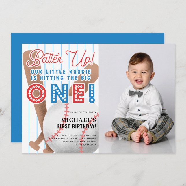 Batter Up Little Rookie Sports 1st Birthday Photo Invitation (Front/Back)