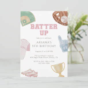 Batter up Preppy Pink Baseball Bow 5th Birthday  Invitation