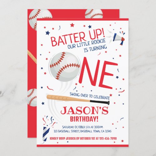 Batter Up Red Little Rookie Baseball 1st Birthday Invitation