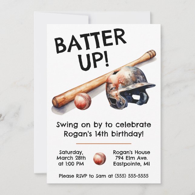 Batter Up!  Swing on By! Baseball Birthday Party Invitation (Front)