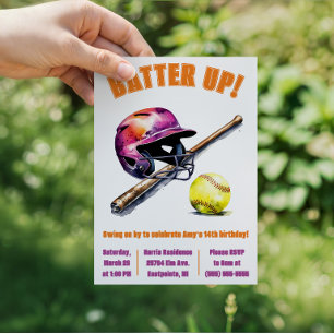 Batter Up! Swing on By! Softball Birthday Party Invitation