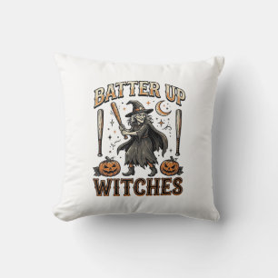 Batter Up Witches Vintage Halloween Baseball Desig Throw Pillow
