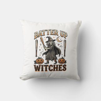 Batter Up Witches Vintage Halloween Baseball Desig Throw Pillow