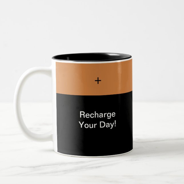Batteries Included Humorous Two-Tone Coffee Mug (Left)