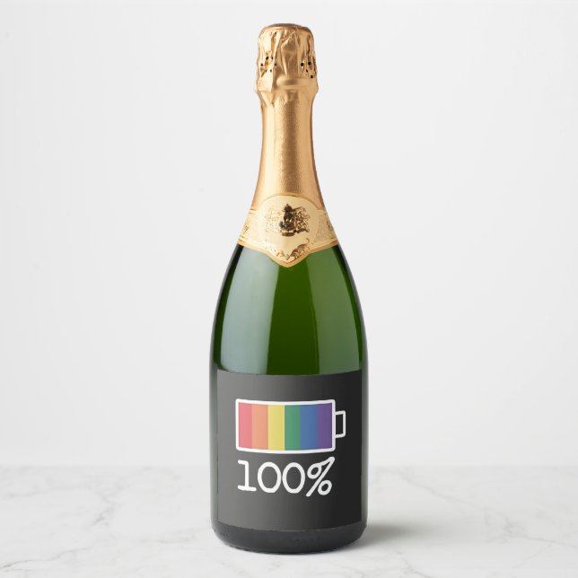 Battery 100% Gay Funny LGBT Pride Month Equality  Sparkling Wine Label (Front)